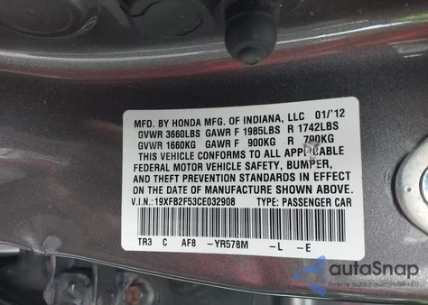 2012 Honda Civic Lx from USA, damaged, VIN 19XFB2F53CE032908